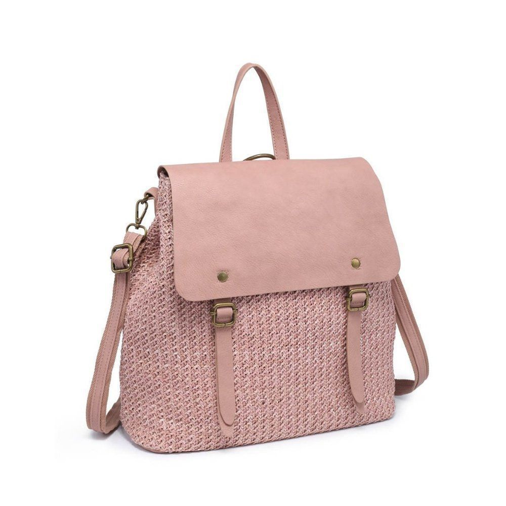 Pink Woven Backpack with Flapover Closure
